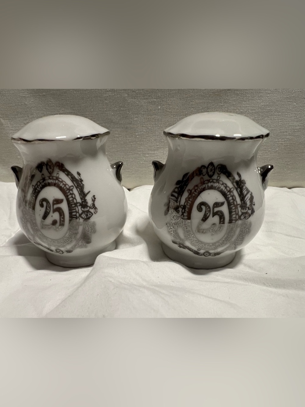 Vtg 25th Silver Wedding Anniversary Salt & Pepper Shakers Porcelain